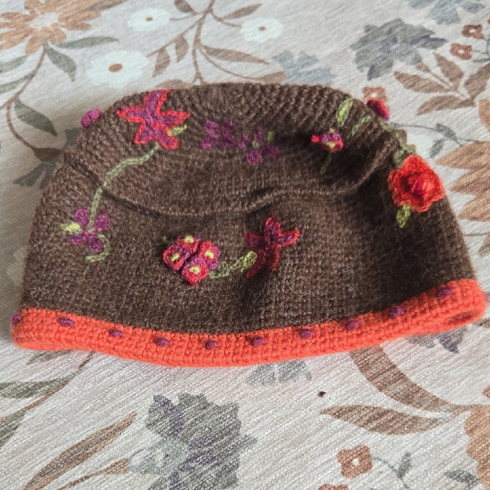 Little Journeys Chicago 100 Alpaca Wool Handmade Beanie Brown Orange Pink Floral